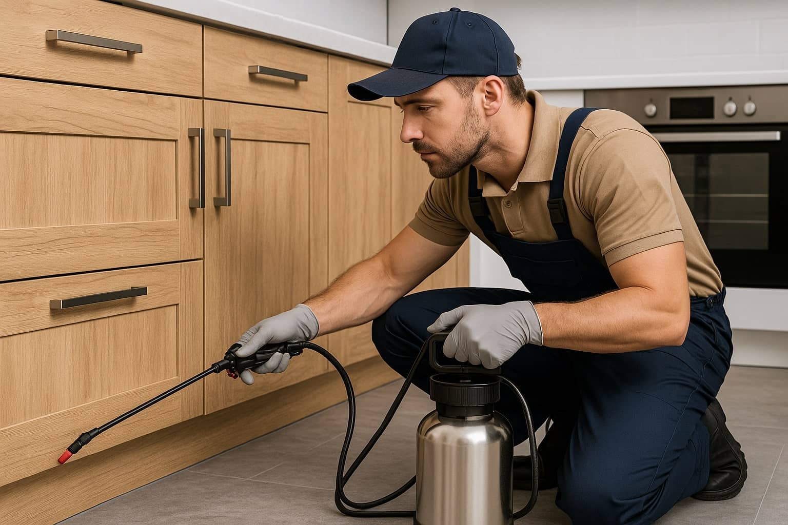 Pest control technician spraying inside a house in Brookfield WI
