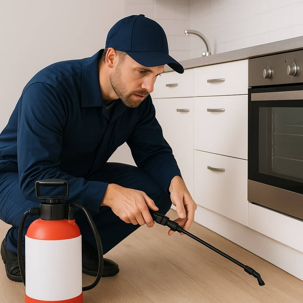Pest control technician preparing to spray in a kitchen in Brookfield WI