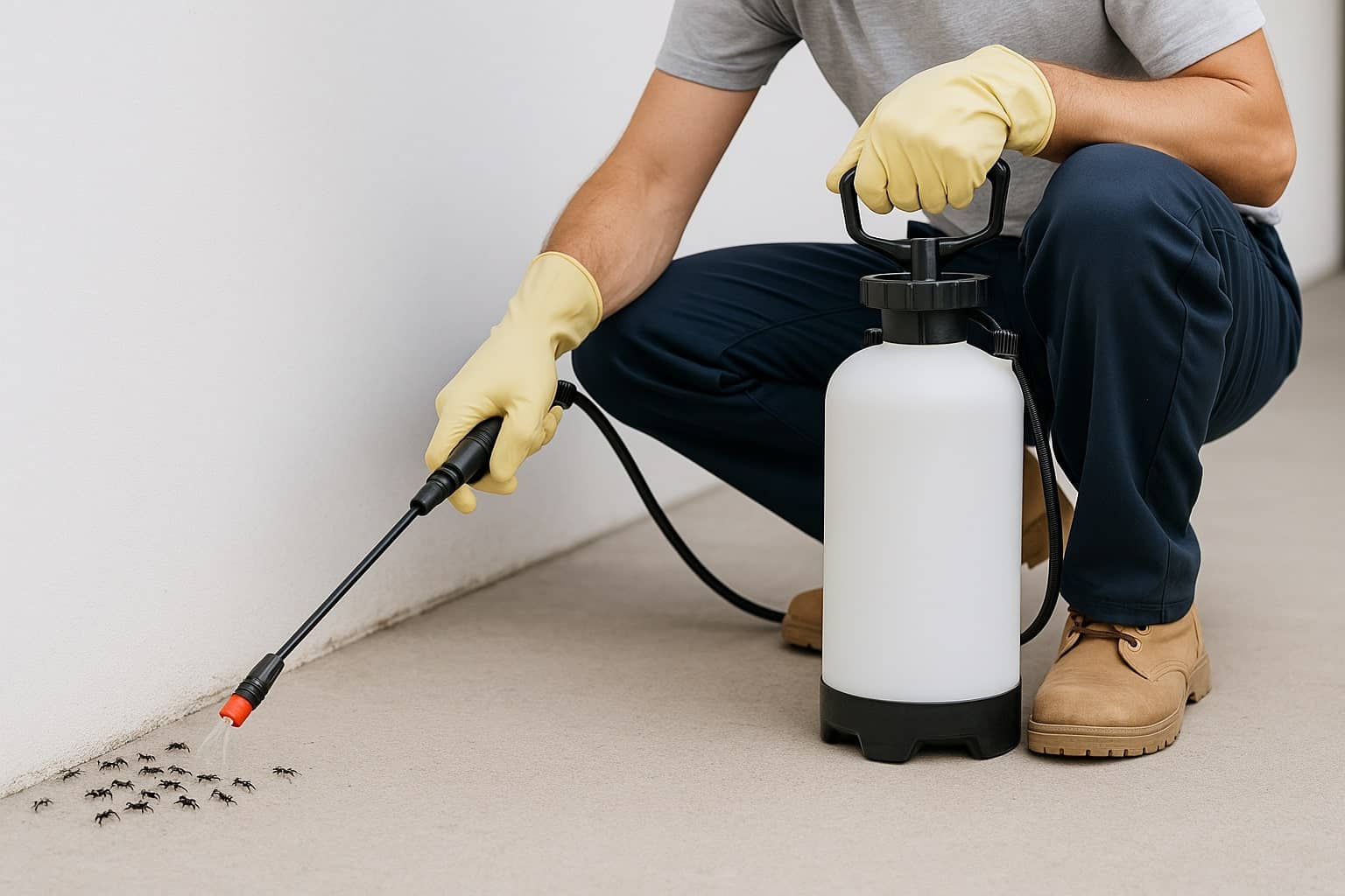 Pest control technician spraying ants outside a home in Brookfield WI